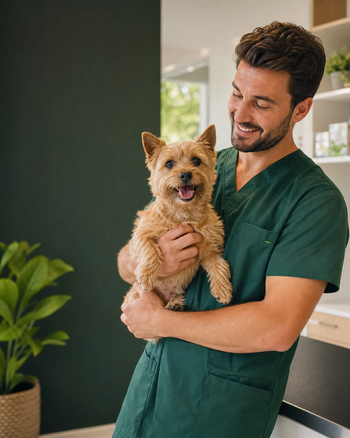 Veterinario de Mimo con un perro feliz