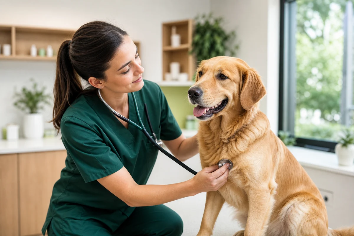 Veterinaria revisando con calma a un perro