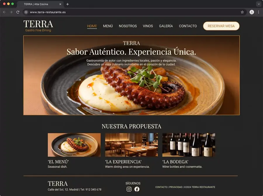 Plato de restaurante presentado en una web cuidada