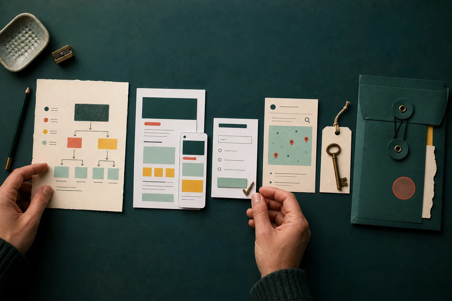 Capas de estrategia, diseño, formulario, posicionamiento, seguridad y publicación dispuestas sobre una mesa de trabajo