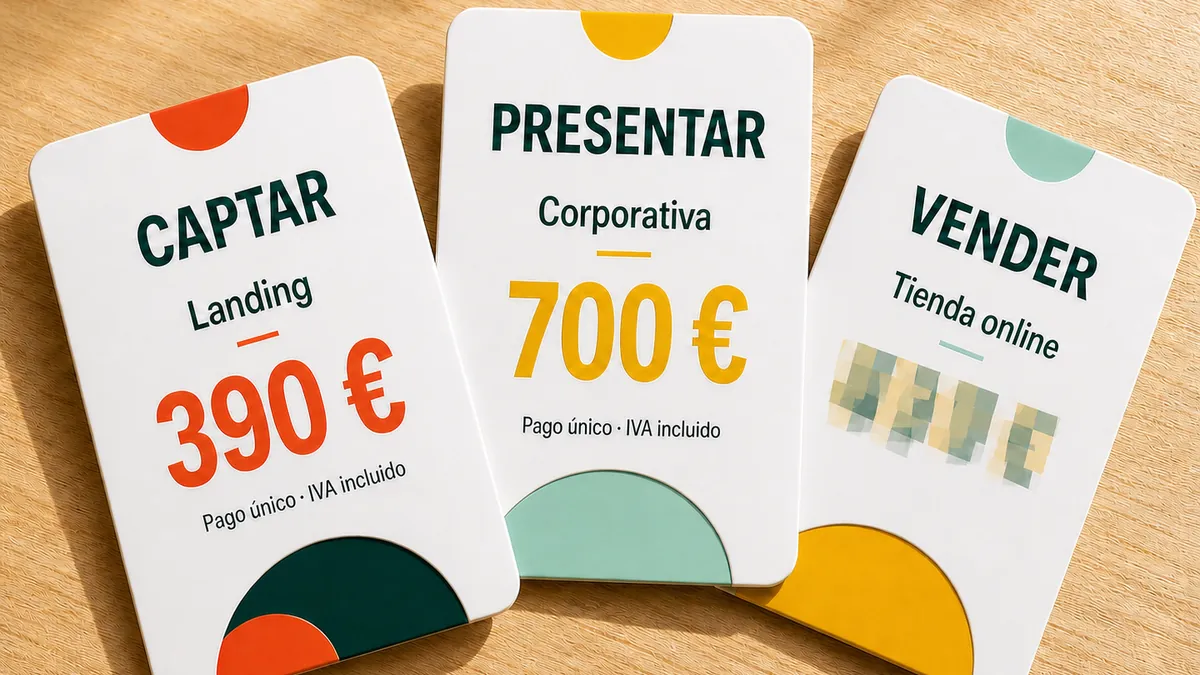 Tarjetas de precios impresas sobre una mesa de madera, con Landing por 390 € y Corporativa por 700 €