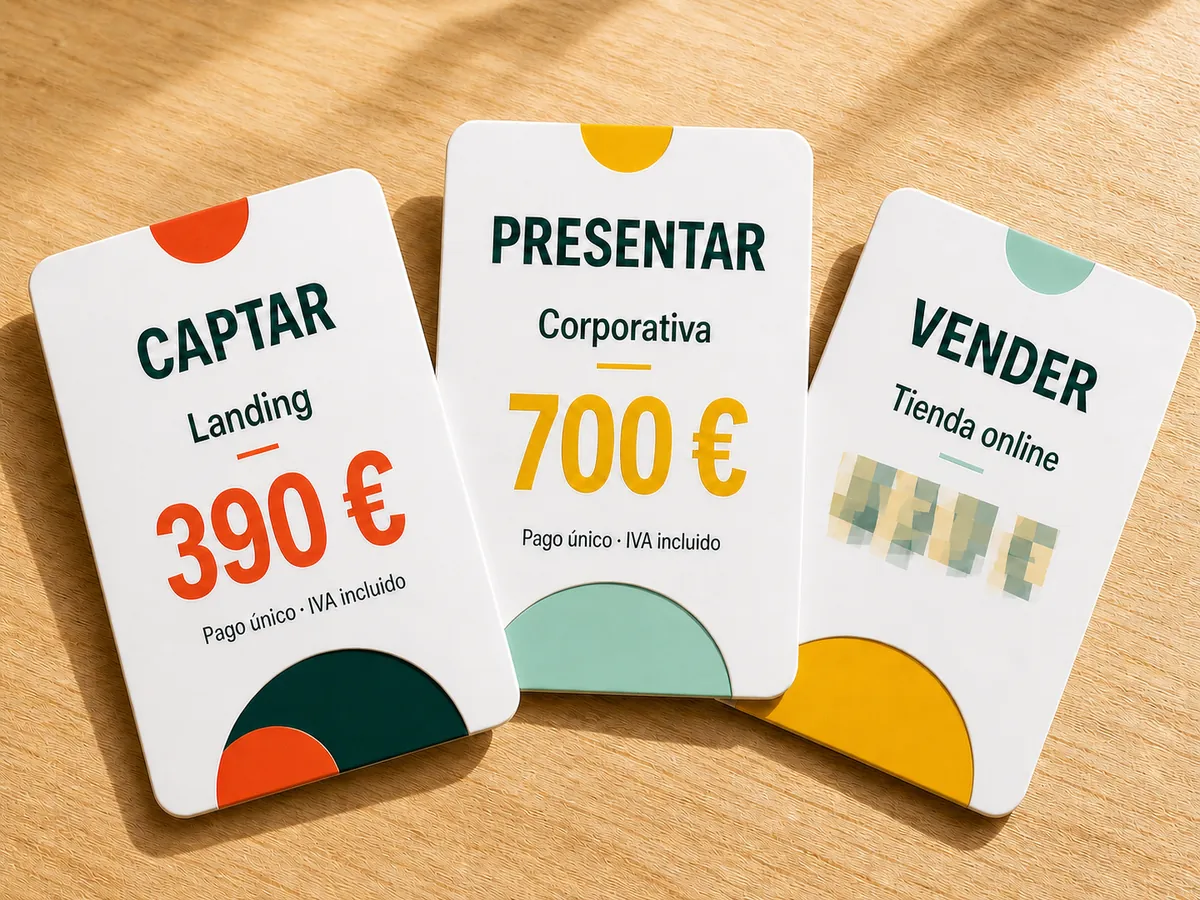 Tarjetas de precios impresas sobre una mesa de madera, con Landing por 390 € y Corporativa por 700 €