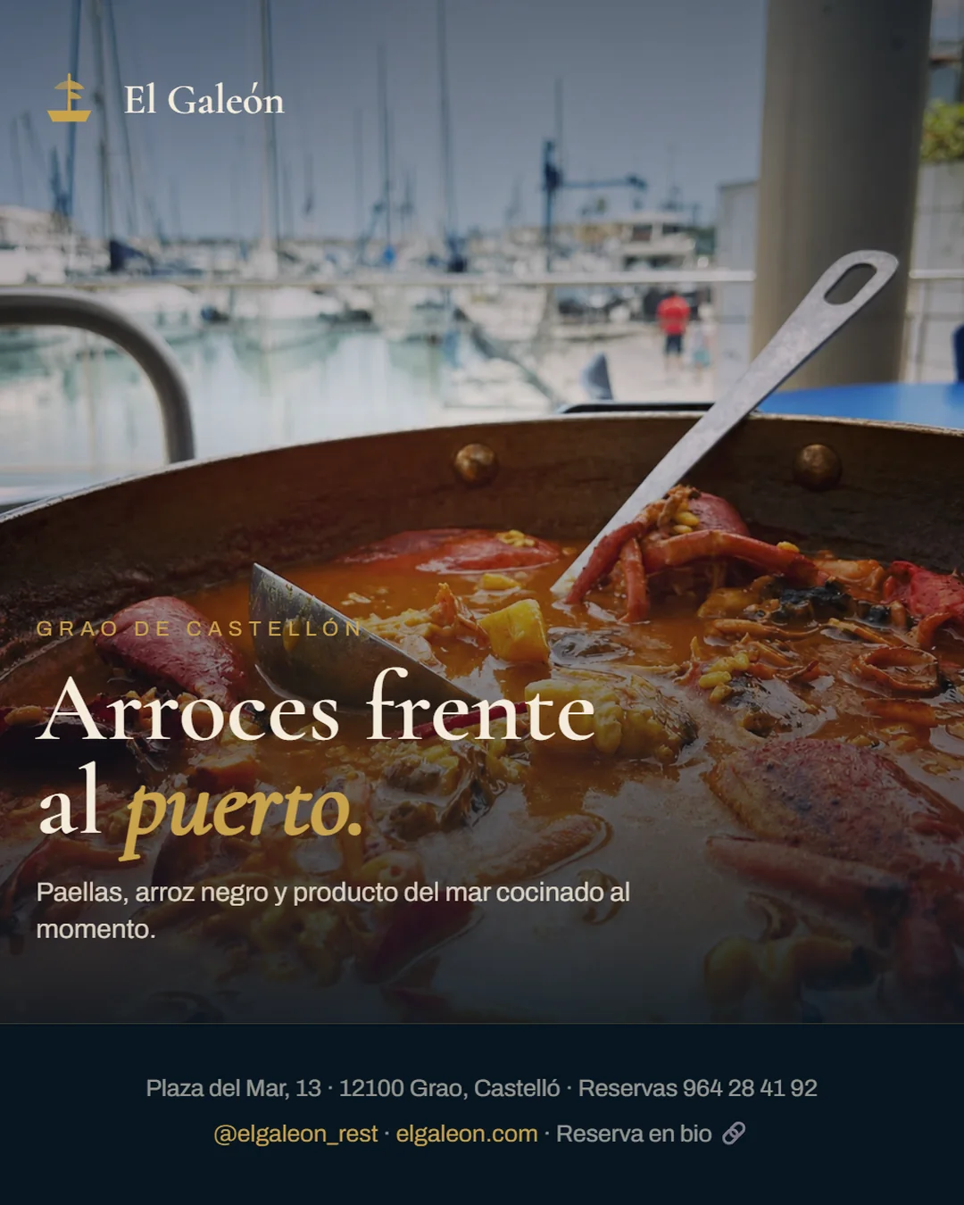 Publicación de El Galeón sobre sus arroces frente al puerto